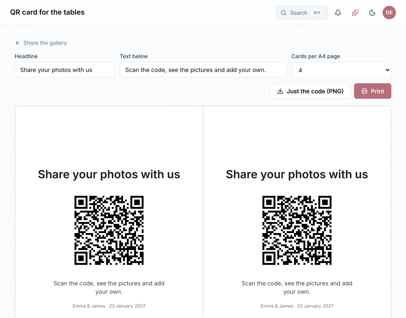 The table card in Wedding Buddy with a heading, the QR code to the gallery and your own text, four cards to an A4 page.