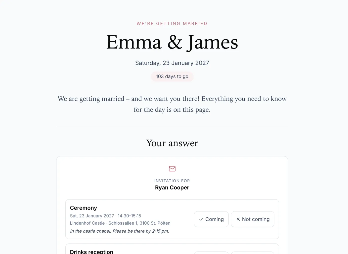 Emma and James's wedding website as an invited guest sees it: the date, a welcome and the reply form.