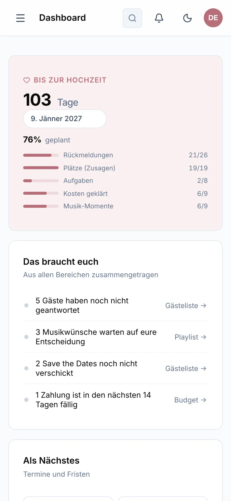 Das Dashboard auf dem Handy: Countdown, Planungsfortschritt und was als Nächstes zu tun ist.