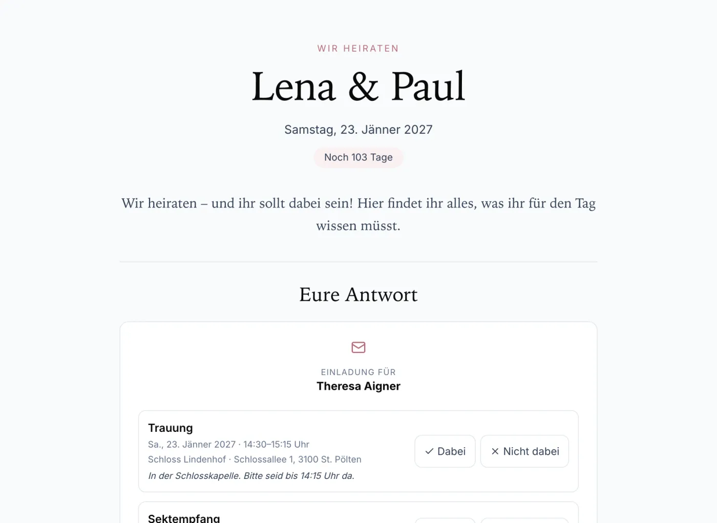 Die Hochzeitsseite von Lena und Paul, wie ein eingeladener Gast sie sieht: Datum, Begrüßung und das Antwortformular.